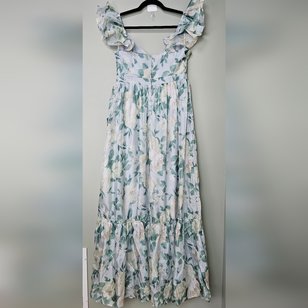 Lulus Soiree Perfection Light Blue & Green Floral Ruffled Tiered Maxi Dress, L - Picture 11 of 12